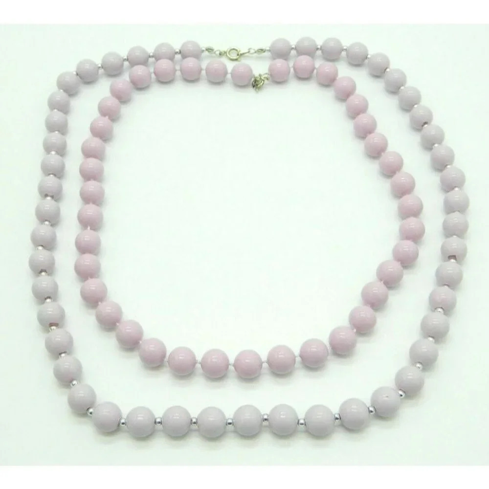 Purple Acrylic Bead Beaded Silver Tone Set of Two Vintage Choker Necklaces